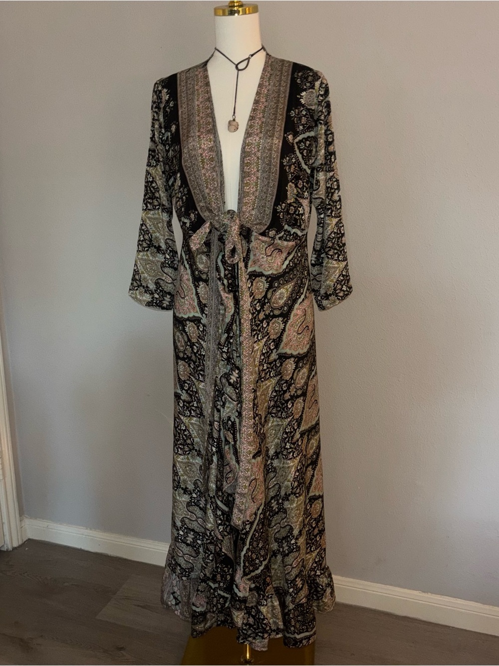 Cienna Designs Silk Blend Paisley Wrap Maxi Dress Kimono Boho M